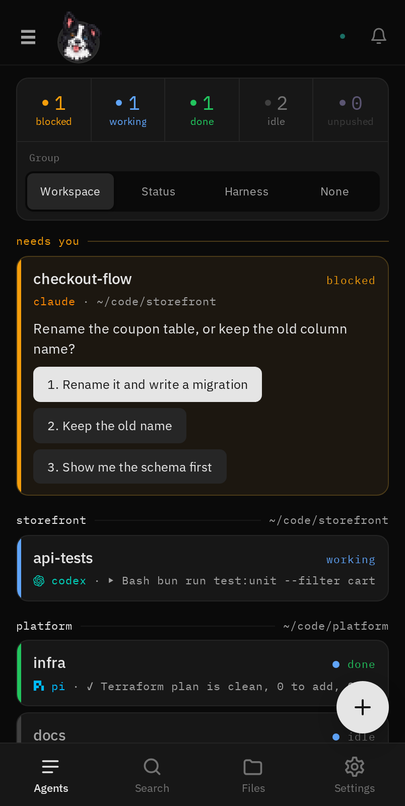 The agents list in dark mode, with a blocked agent pinned at the top and its options inline