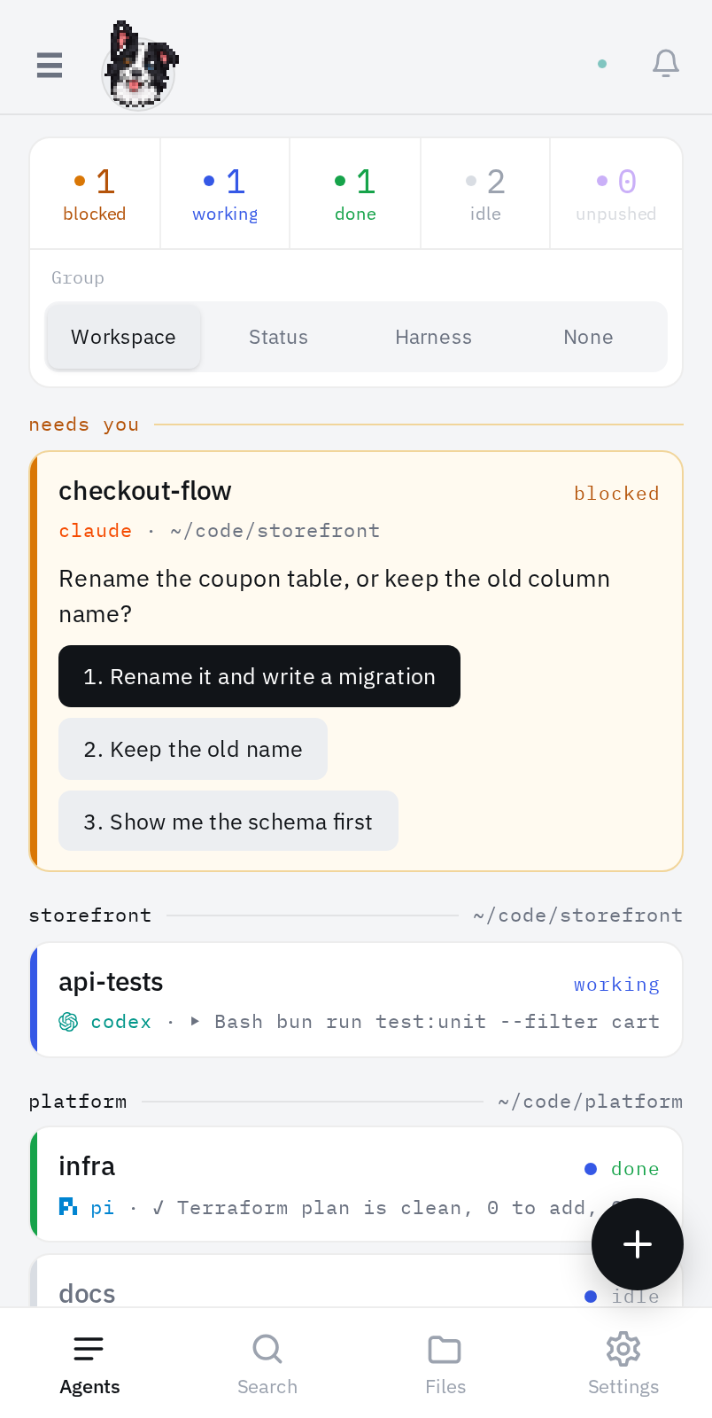 The agents list in light mode, with a blocked agent pinned at the top and its options inline
