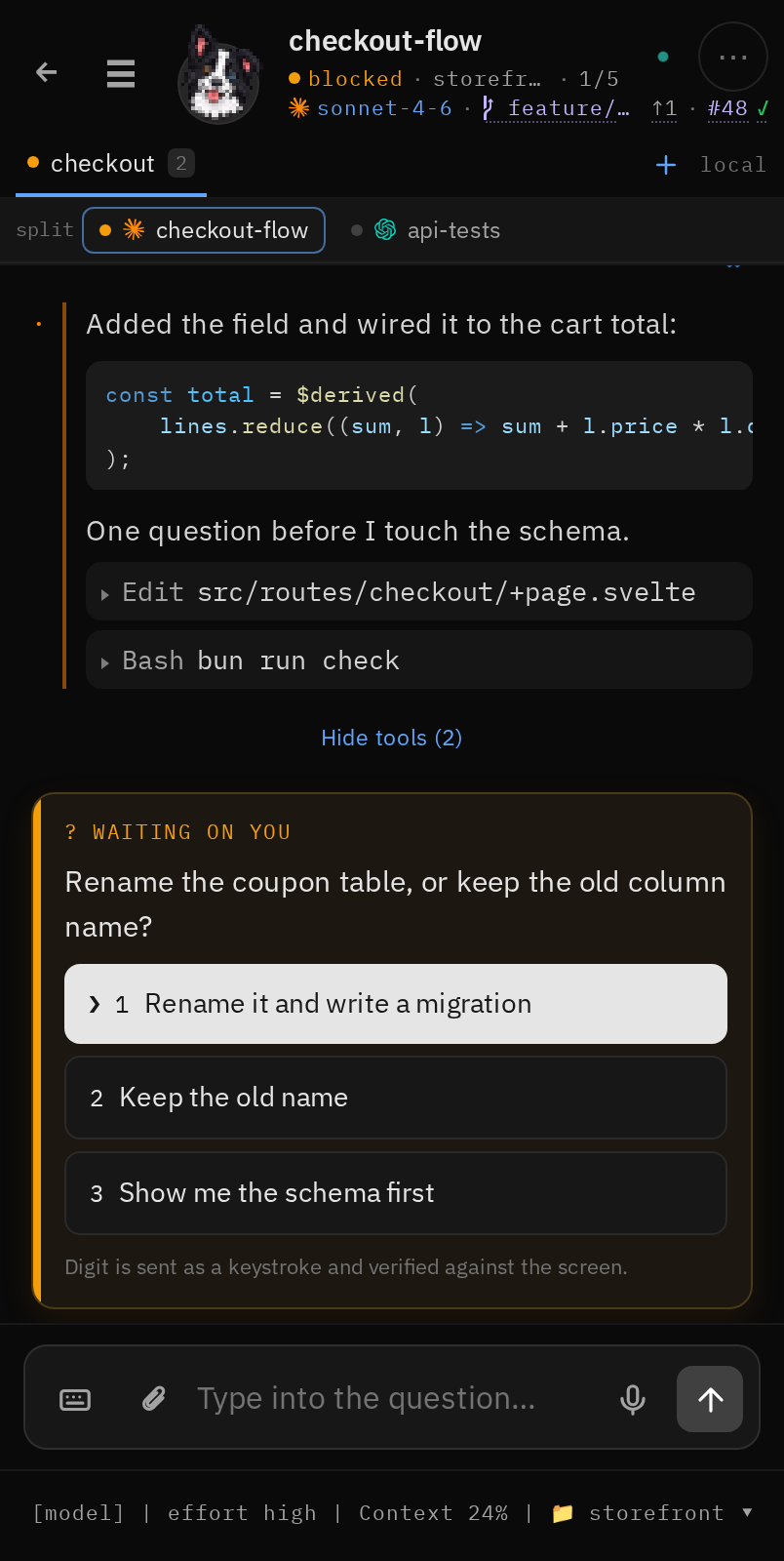 A conversation rendered as chat in dark mode, with highlighted code, folded tool calls and the picker card