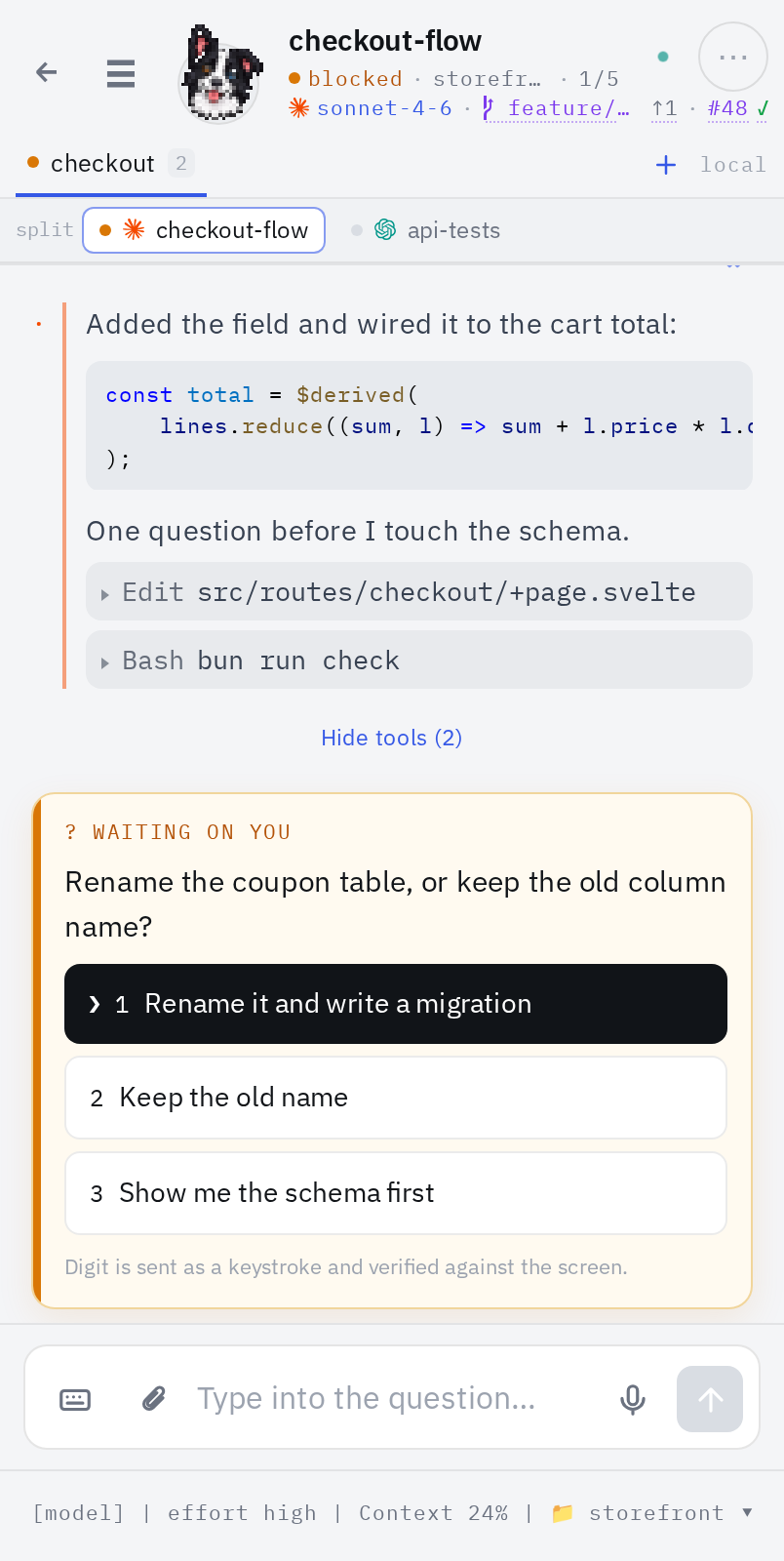 A conversation rendered as chat in light mode, with highlighted code, folded tool calls and the picker card
