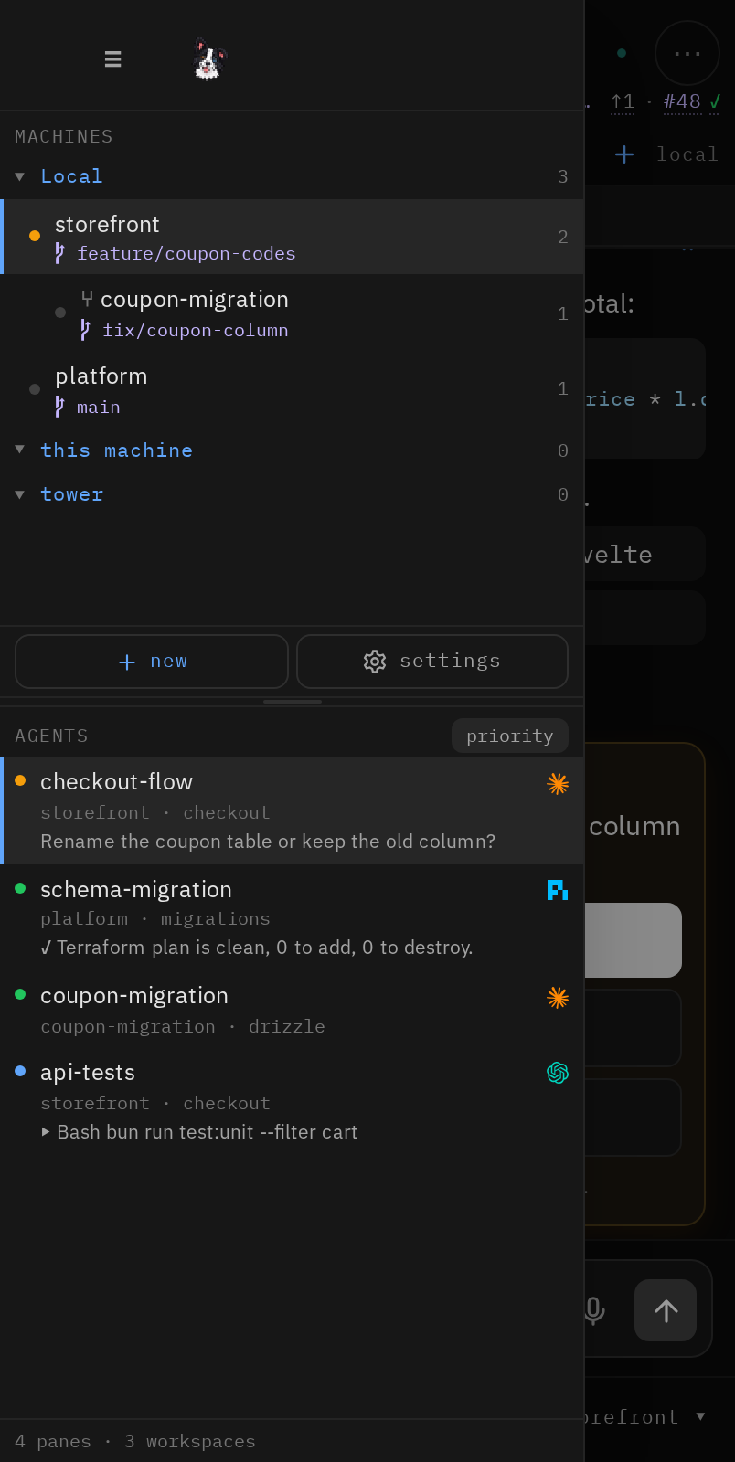 The session panel in dark mode, listing machines, workspaces, nested worktrees and agents