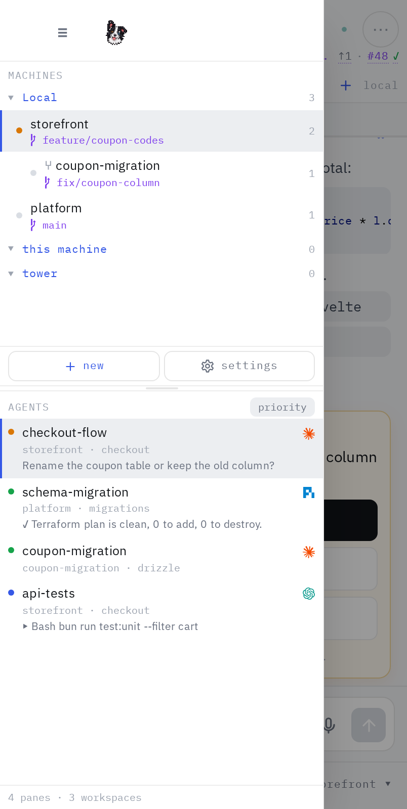 The session panel in light mode, listing machines, workspaces, nested worktrees and agents