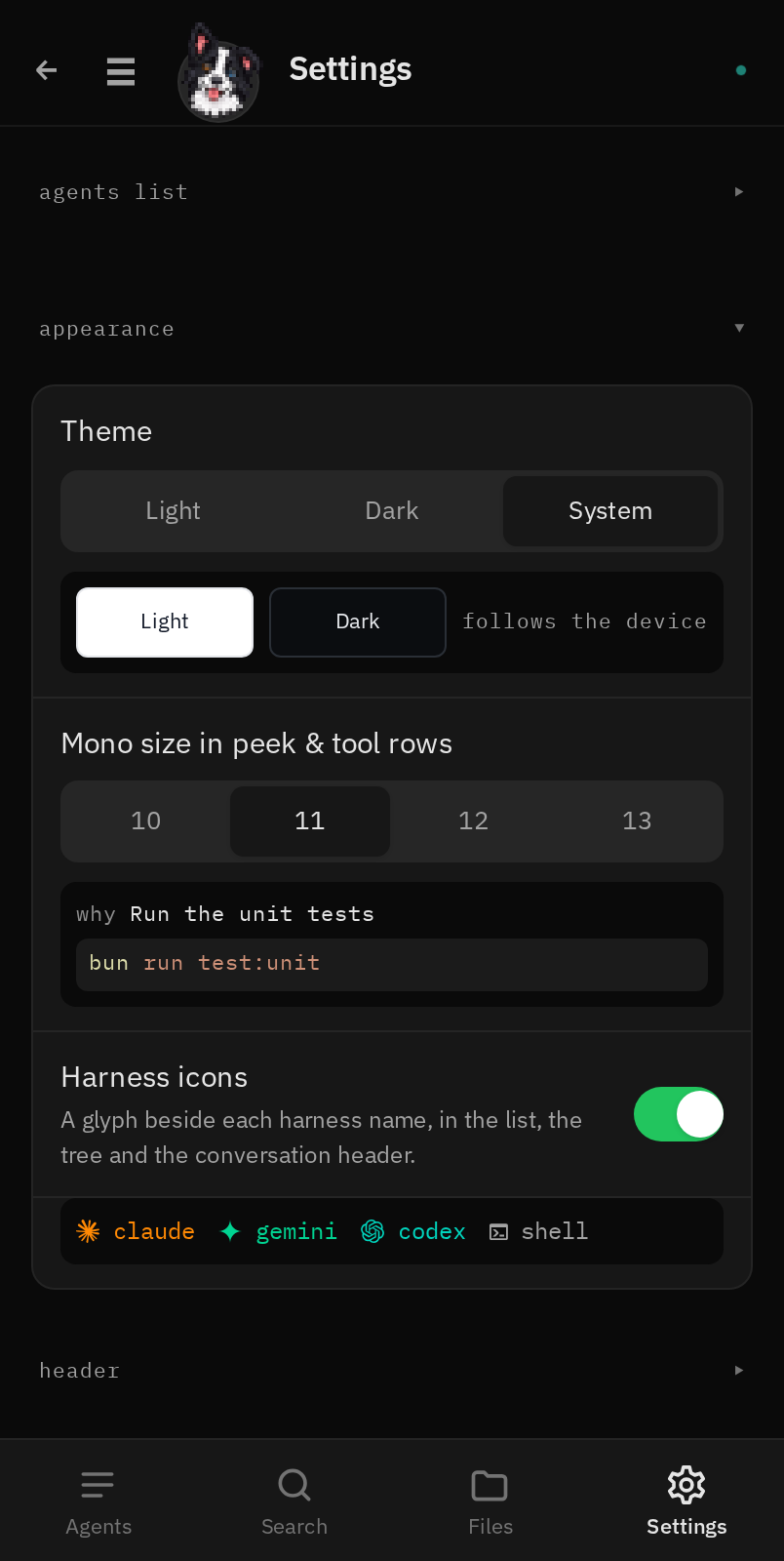 Settings in dark mode, with a live preview under each control