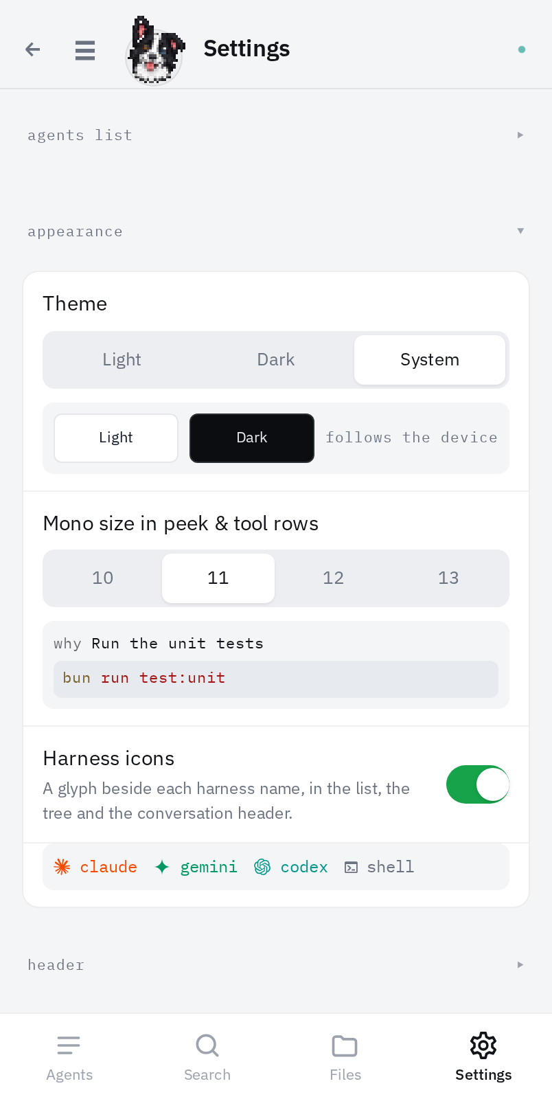 Settings in light mode, with a live preview under each control
