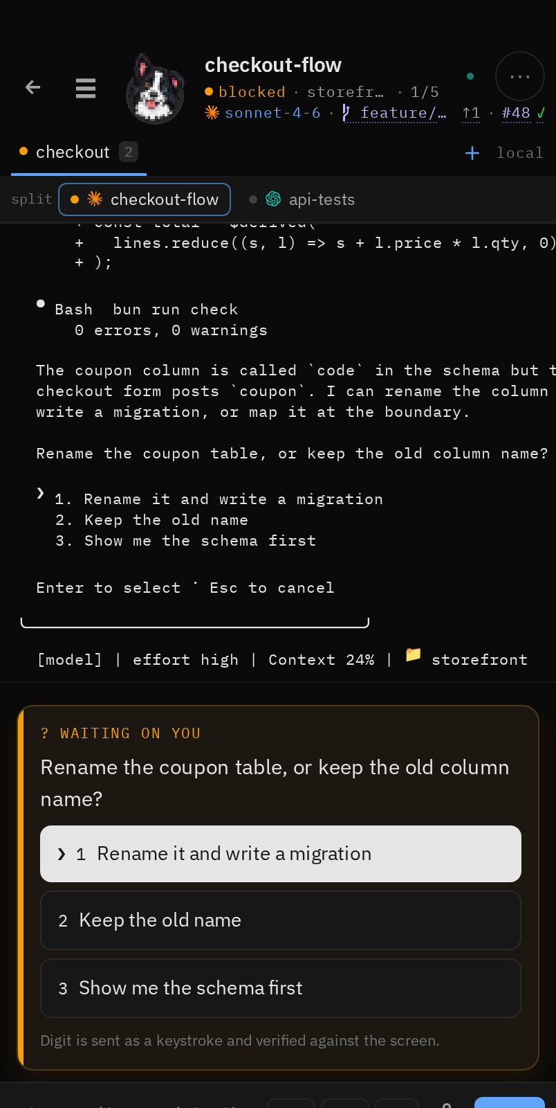 Terminal mode in dark mode, showing the pane as the machine draws it with the key strip below
