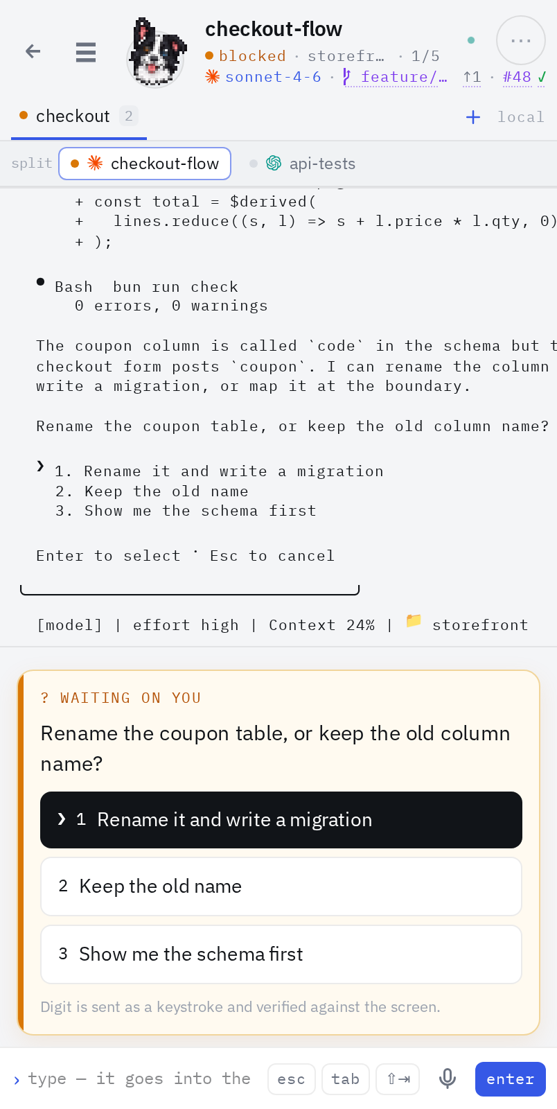 Terminal mode in light mode, showing the pane as the machine draws it with the key strip below